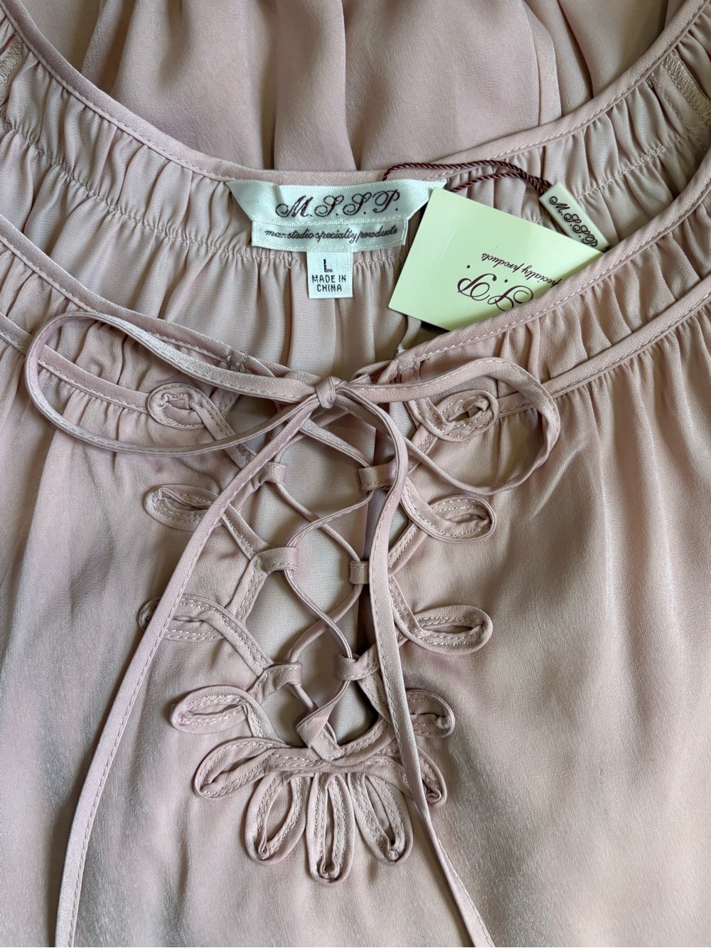 MSSP Max Studio Specialty Products Blush Pink Lace-Up Peasant Blouse, Sz L, NWT - Picture 2 of 4